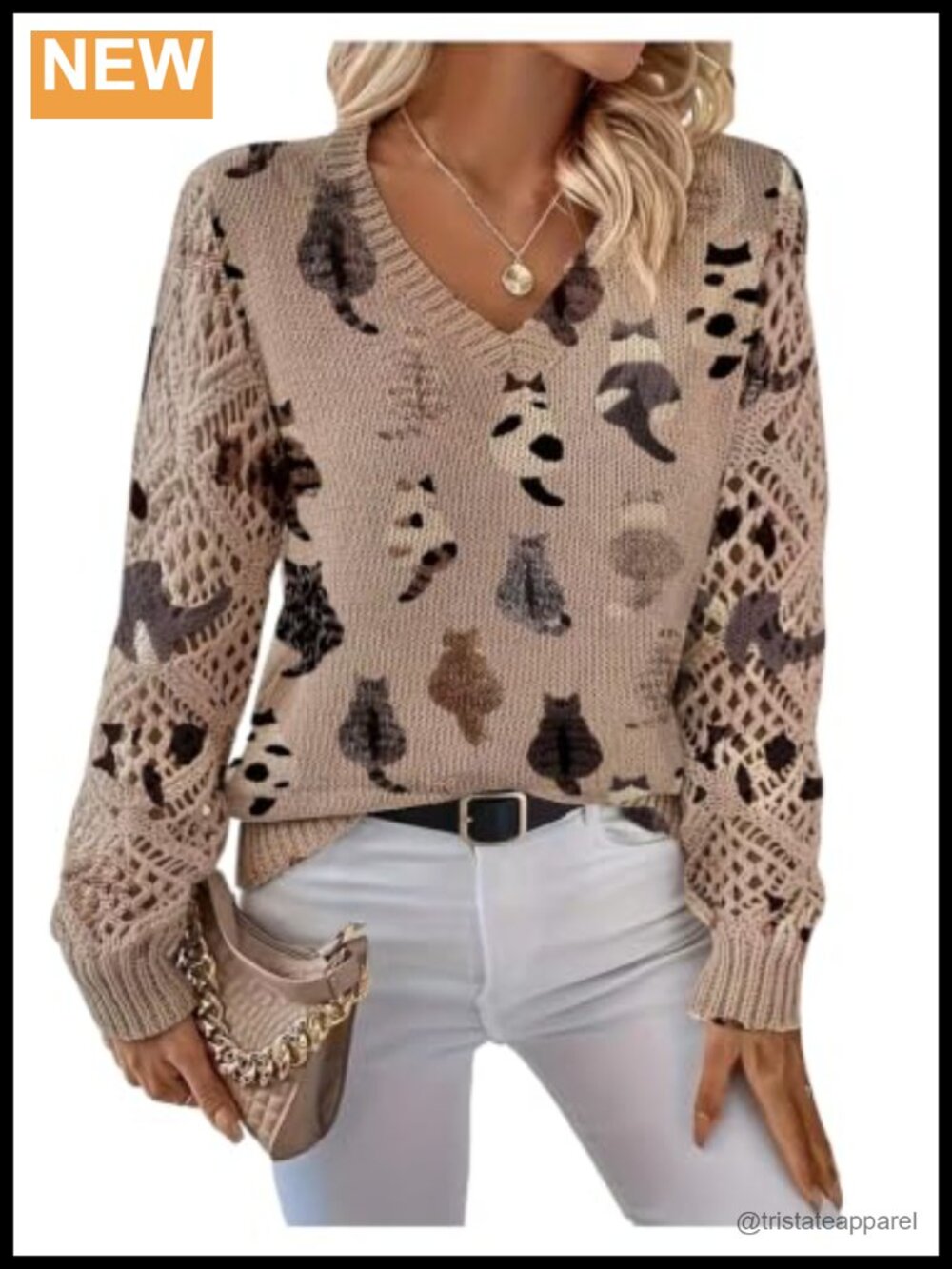 Women's Cat Pattern Crochet Hollow Out V-Neck Long Sleeve Knit Pullover Sweater